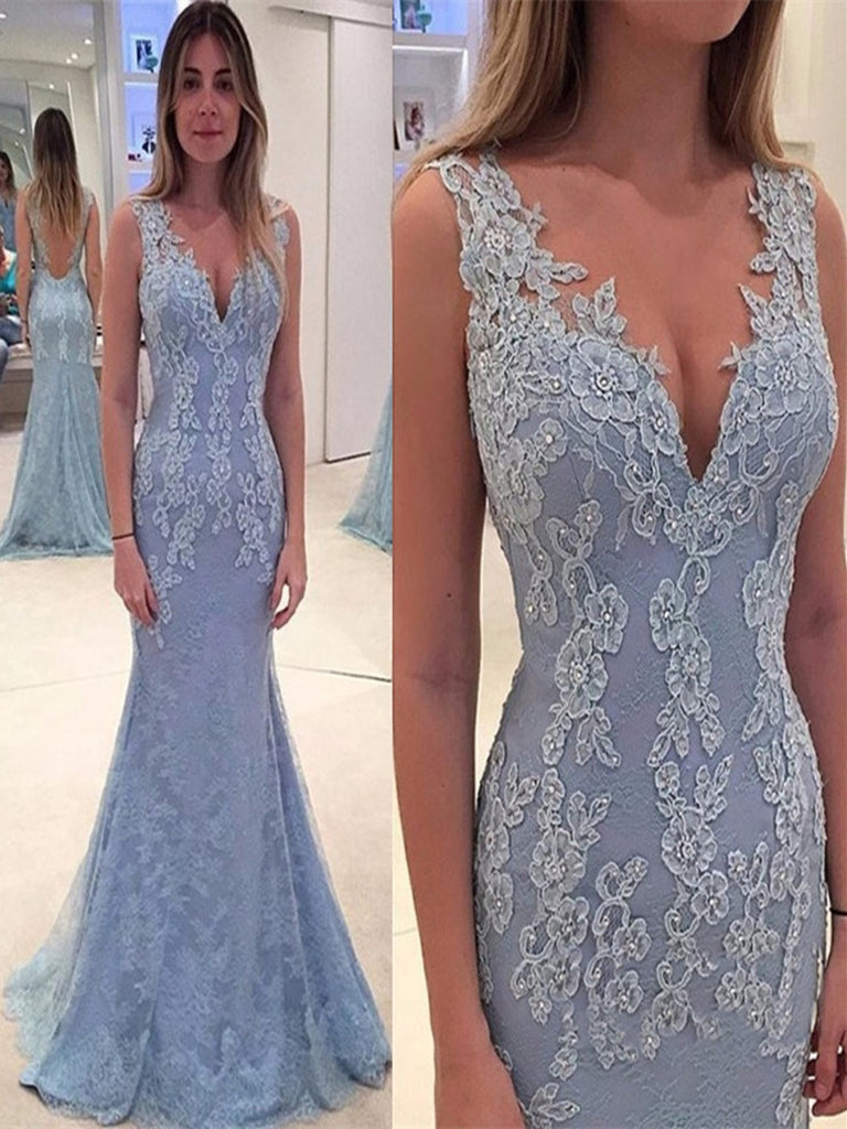 Blue Mermaid V Neck Backless Lace Prom ...
